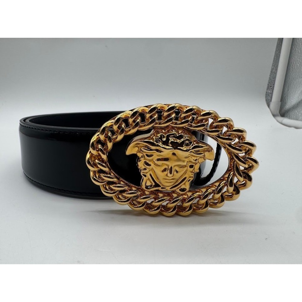 Versace Mens Black Leather Medusa Head Gold Chain Buckle Belt 85/34 DCU7828 NEW
